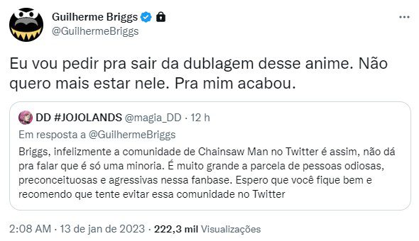 Guilherme Briggs pede para deixar dublagem de Chainsaw Man após