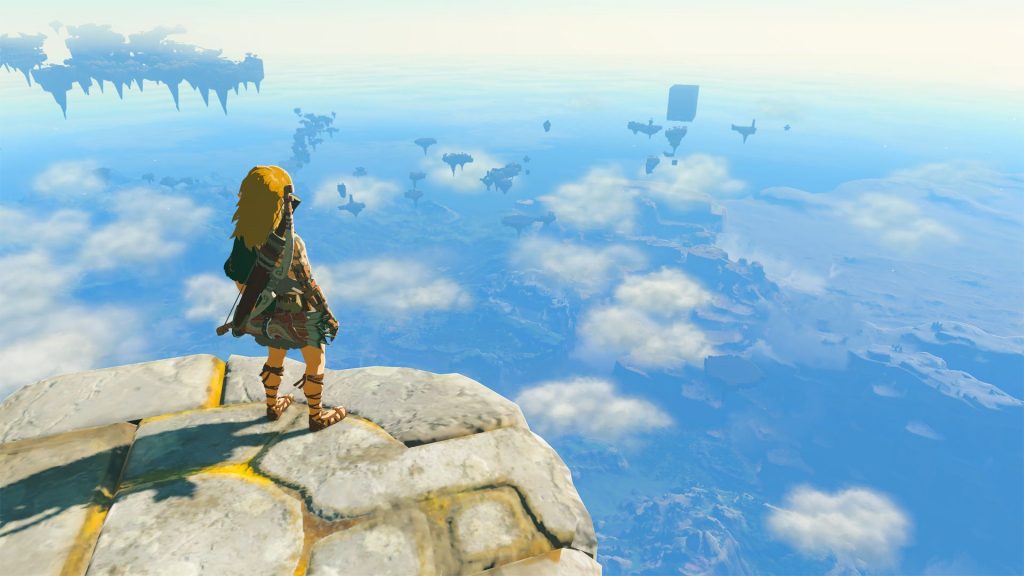 Imagem mostra Link de The Legend of Zelda: Tears of the Kingdom olhando para Hyrule dos céus