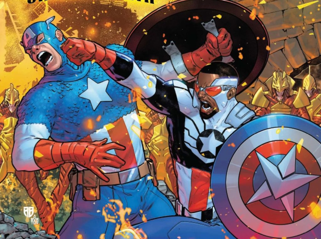 O gibi traz um conflito entre Sam Wilson e Steve Rogers, dois portadores do título de Capitão América. (Imagem: Reprodução)