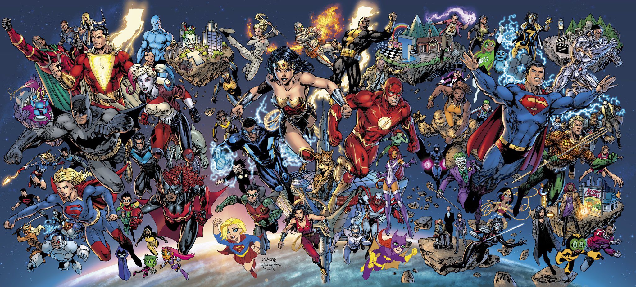 Heróis e vilões do Universo DC no traço de Jim Lee. (Imagem: Reprodução)