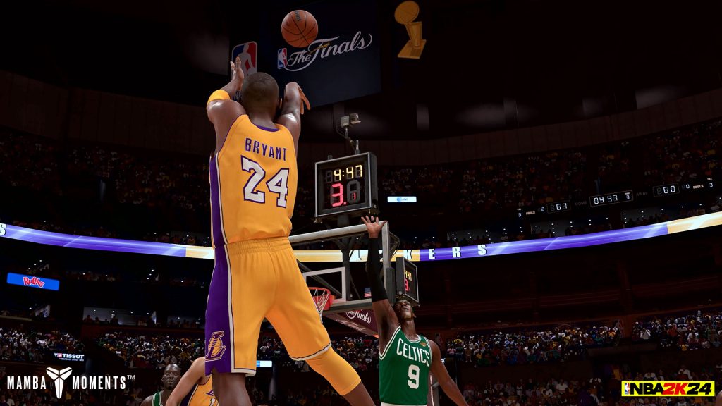 Mamba Moments no NBA 2K24 com Kobe Bryant acertando um arremesso contra o Boston Celtics