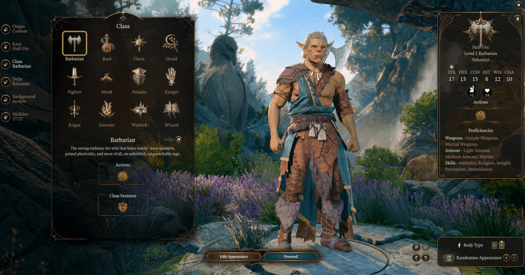 A Classe Bárbaro em Baldur's Gate 3 durante a criação de personagem