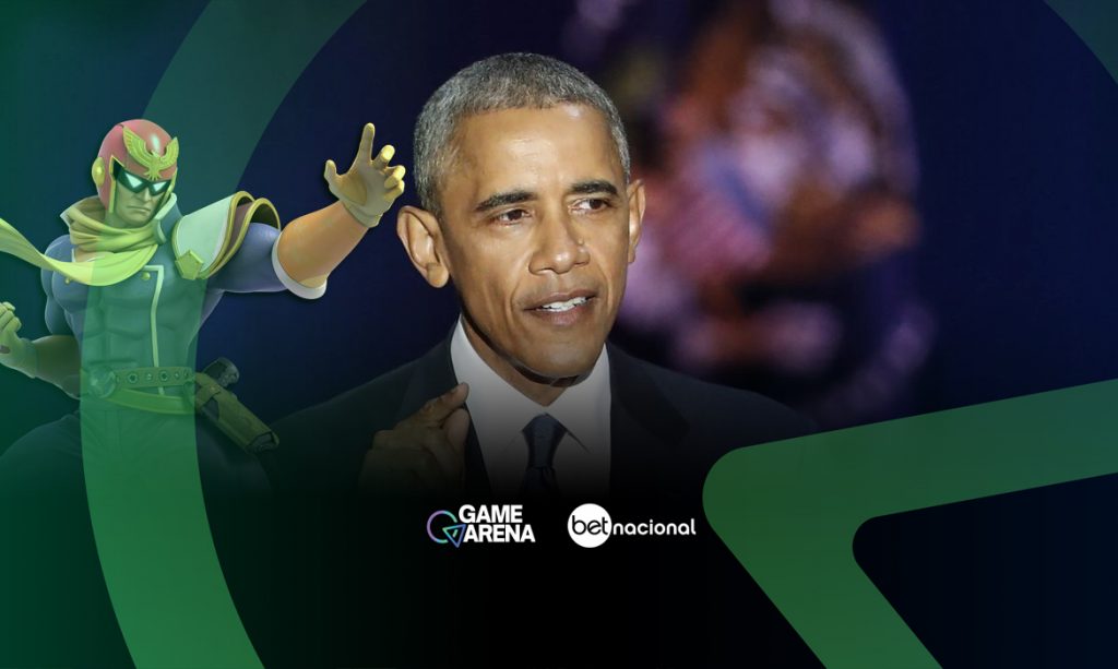 Obama ao lado de Captain Falcon, personagem de Super Smash Bros.