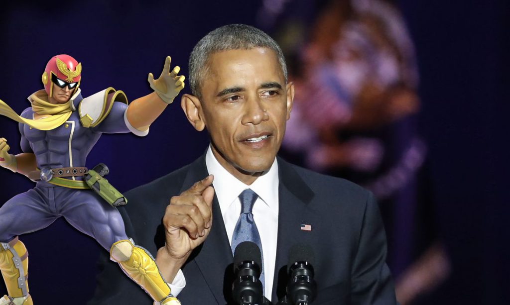 Obama ao lado de Captain Falcon, personagem de Super Smash Bros.