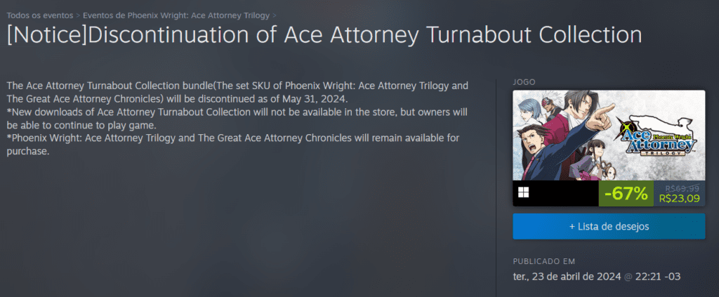 Publicação da Capcom sobre Ace Attorney