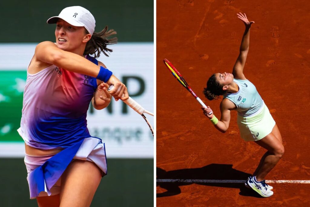 Recorte com Iga Świątek e Jasmine Paolini em jogos de Roland Garros 2024