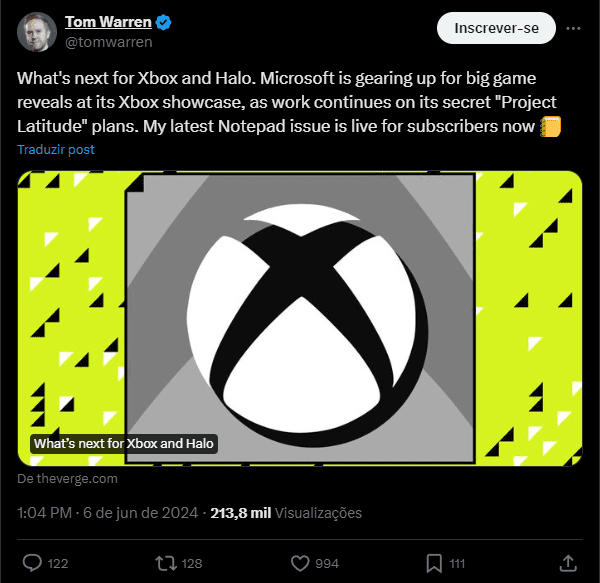 Tweet do jornalista sobre Xbox