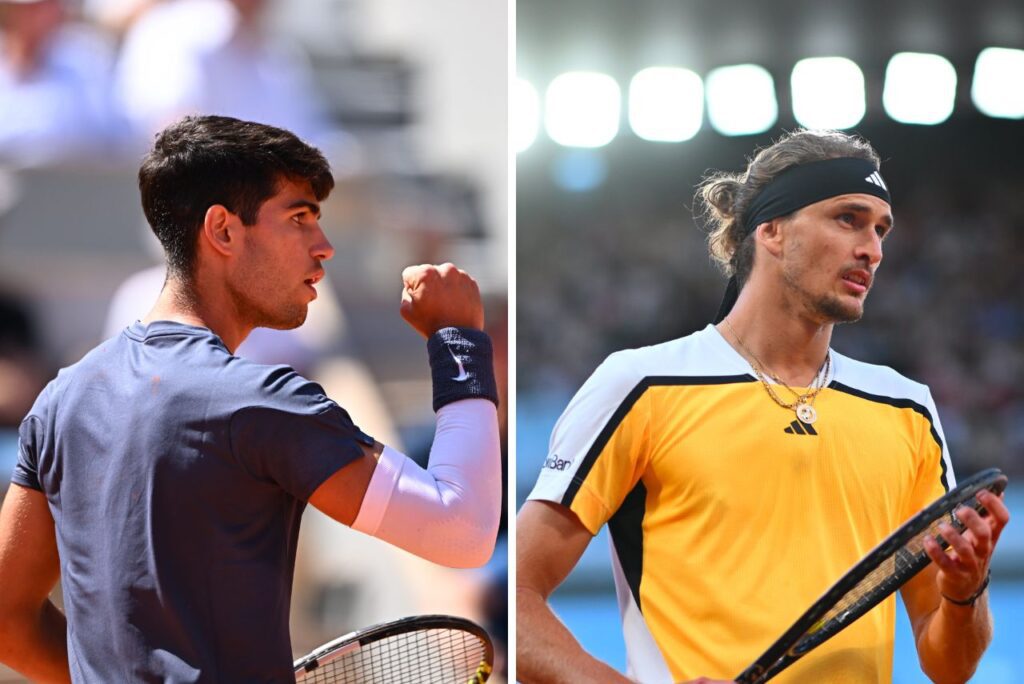 Tenistas Carlos Alcaraz e Alexander Zverev em jogos de Roland Garros 2024