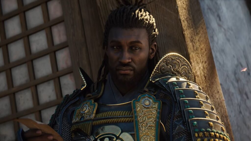 Imagem promocional de Assassin's Creed Shadows, da Ubisoft, mostrando o protagonista Yasuke