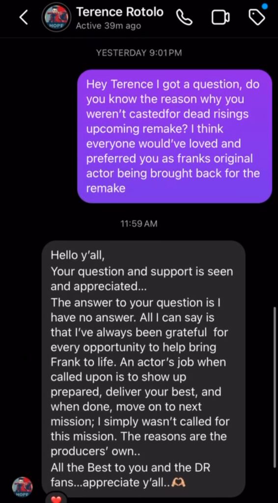 Print de conversa do ator Terence Rotolo explicando que não foi chamado para o remaster de Dead Rising