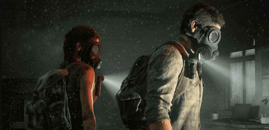 Imagem de The Last of Us com os personagens usando máscaras