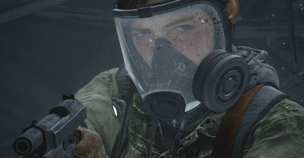 Imagem de Ellie, em The Last of Us, usando máscara