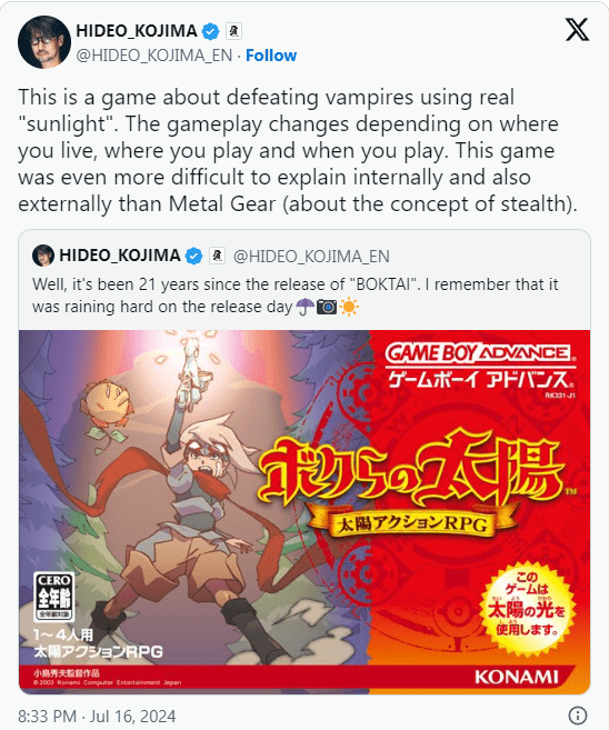 Hideo Kojima fala sobre Boktai