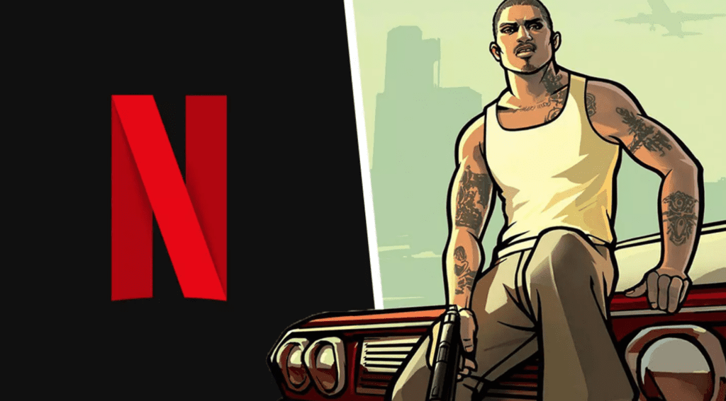 Montagem mostrando um personagem de GTA San Andreas ao lado da logo da Netflix