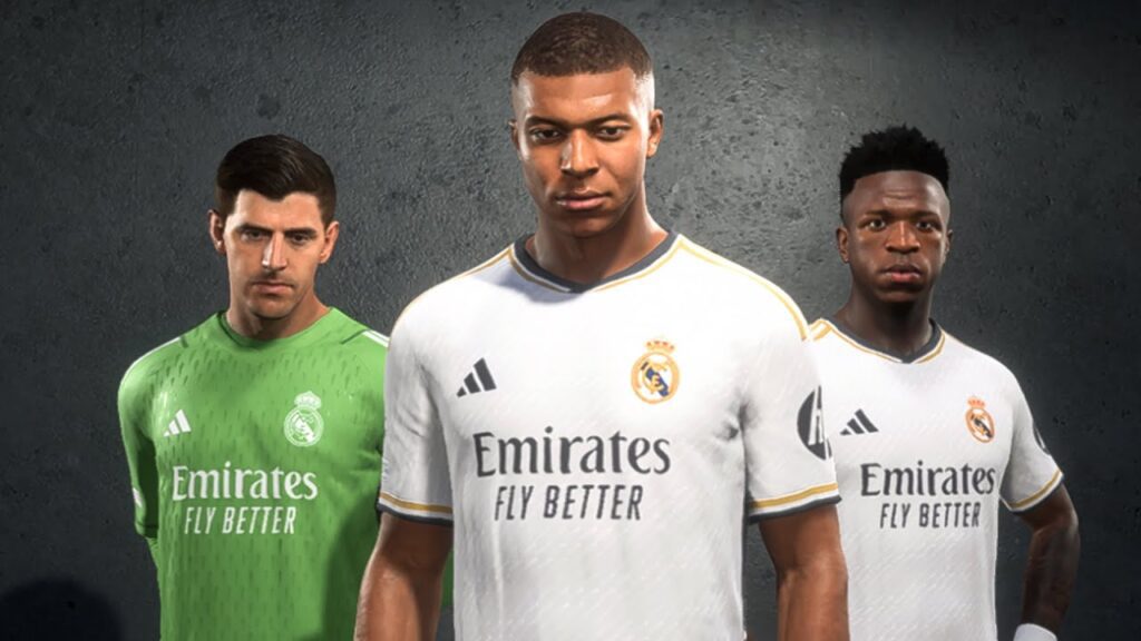 Imagem de Courtois, Mbappé e Vini Jr. no EA Sports FC 25