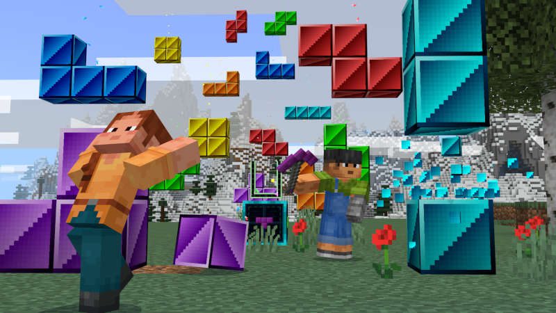 Imagem promocional da colaboração entre Minecraft e Tetris