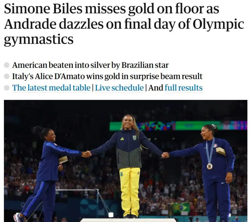  'Simone Biles perde ouro no solo enquanto Andrade deslumbra no último dia da ginástica olímpica'