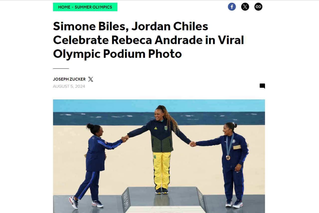 'Simone Biles e Jordan Chiles celebram Rebeca Andrade em foto viral do pódio olímpico'