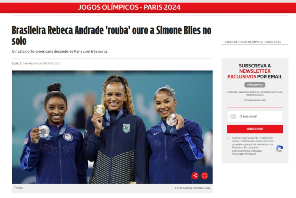 'Brasileira Rebeca Andrade 'rouba' ouro de Simone Biles no solo'