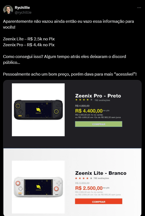 Zeenix teve os preços vazados