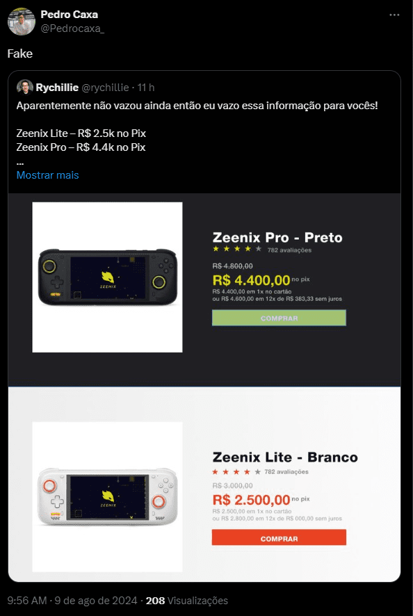 Zeenix teve os preços vazados