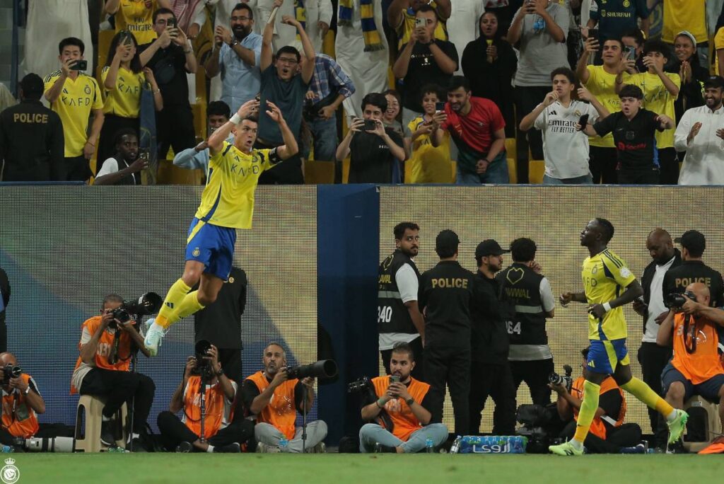 CR7 celebrando o primeiro gol no Sauditão 2024. Foto: Reprodução/X