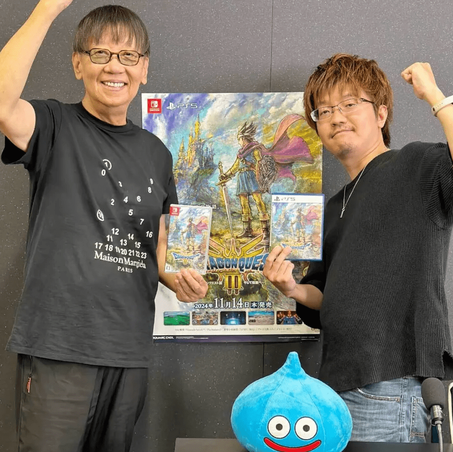 Yuji Horii e Masaaki Hayasaka comemorando o fim do desenvolvimento de Dragon Quest 3 HD-2D Remake