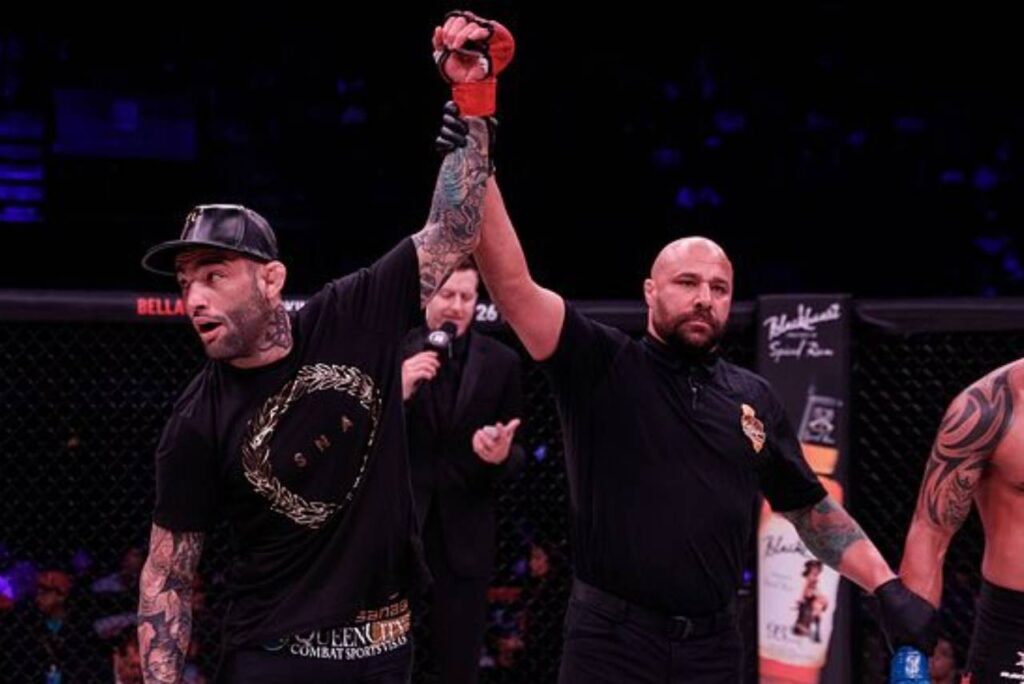 Guilherme Bomba, que passou pelo UFC, em uma das suas vitórias no Bellator. Foto: Divulgação/Bellator