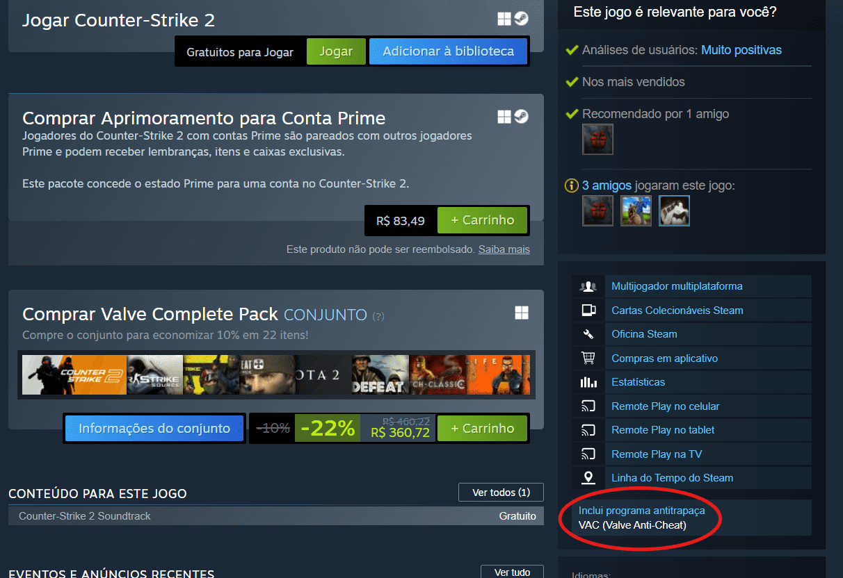 Steam agora avisa sobre software anti-cheat