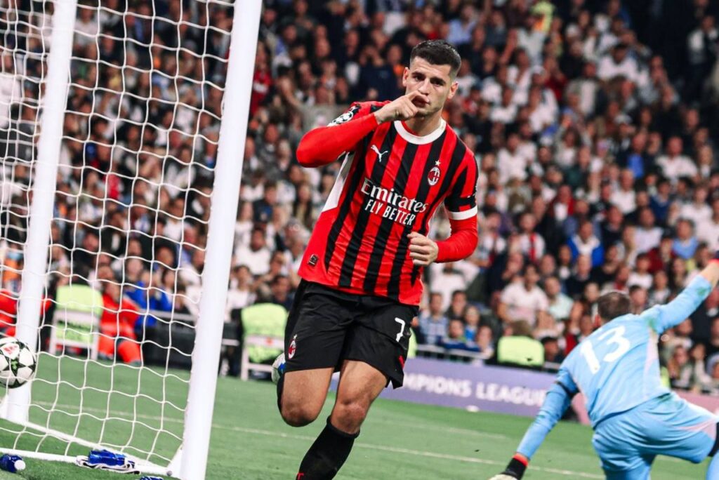 Morata celebrando o gol do Milan contra o Real Madrid. Foto: Reprodução/X