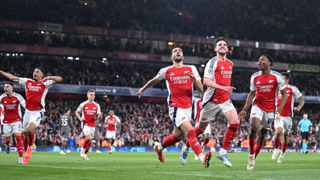 Jogadores do Arsenal comemoram gol de Rice