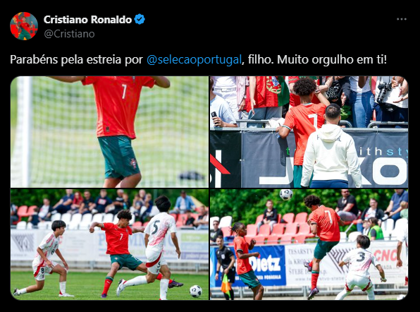 Cristiano Ronaldo parabeniza filho por estreia com a camisa de Portugal
