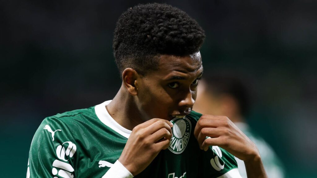 Estêvão comemora gol pelo Palmeiras